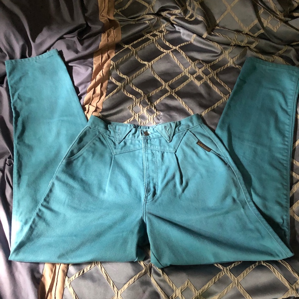 vintage teal/turquoise pleated rocky mountain jeans